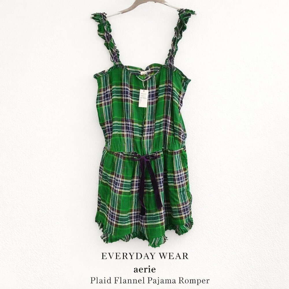 Aerie NWT Plaid Flannel Pajama Romper Green Blue M Pockets